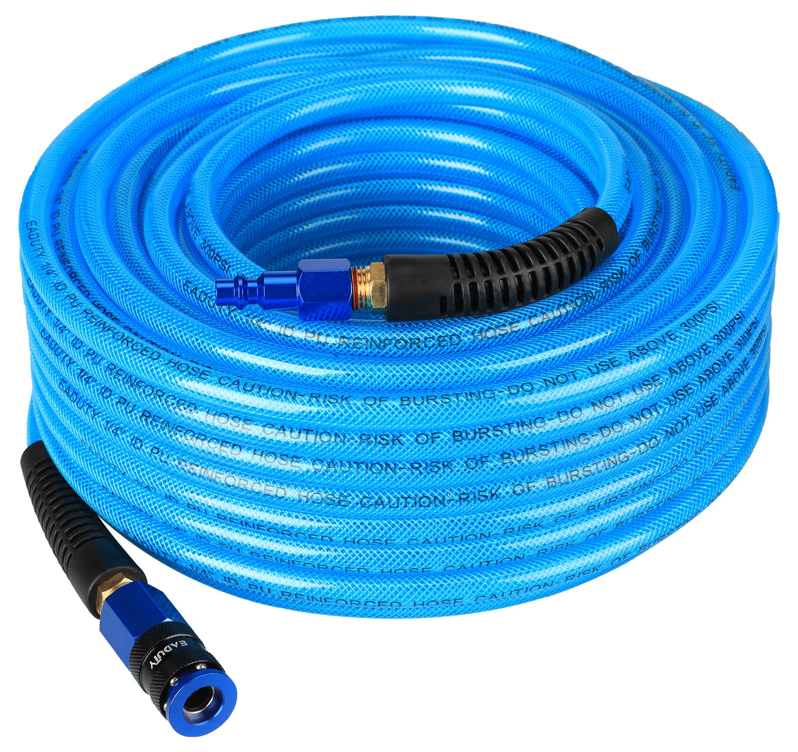 EADUTY Heavy Duty Reinforced Polyurethane Air Hose 1/4 in x 100 ft, Lightweight, Flexible Compressor Hose with Universal Quick Coupler, Plug and Bend Restrictors, Blue