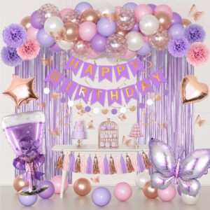 purple pink birthday party decorations for women girls, butterfly confetti rose gold lavender balloons happy birthday banner fringe curtains hanging swirls circle dots tassels pom 30th 40th 50th her