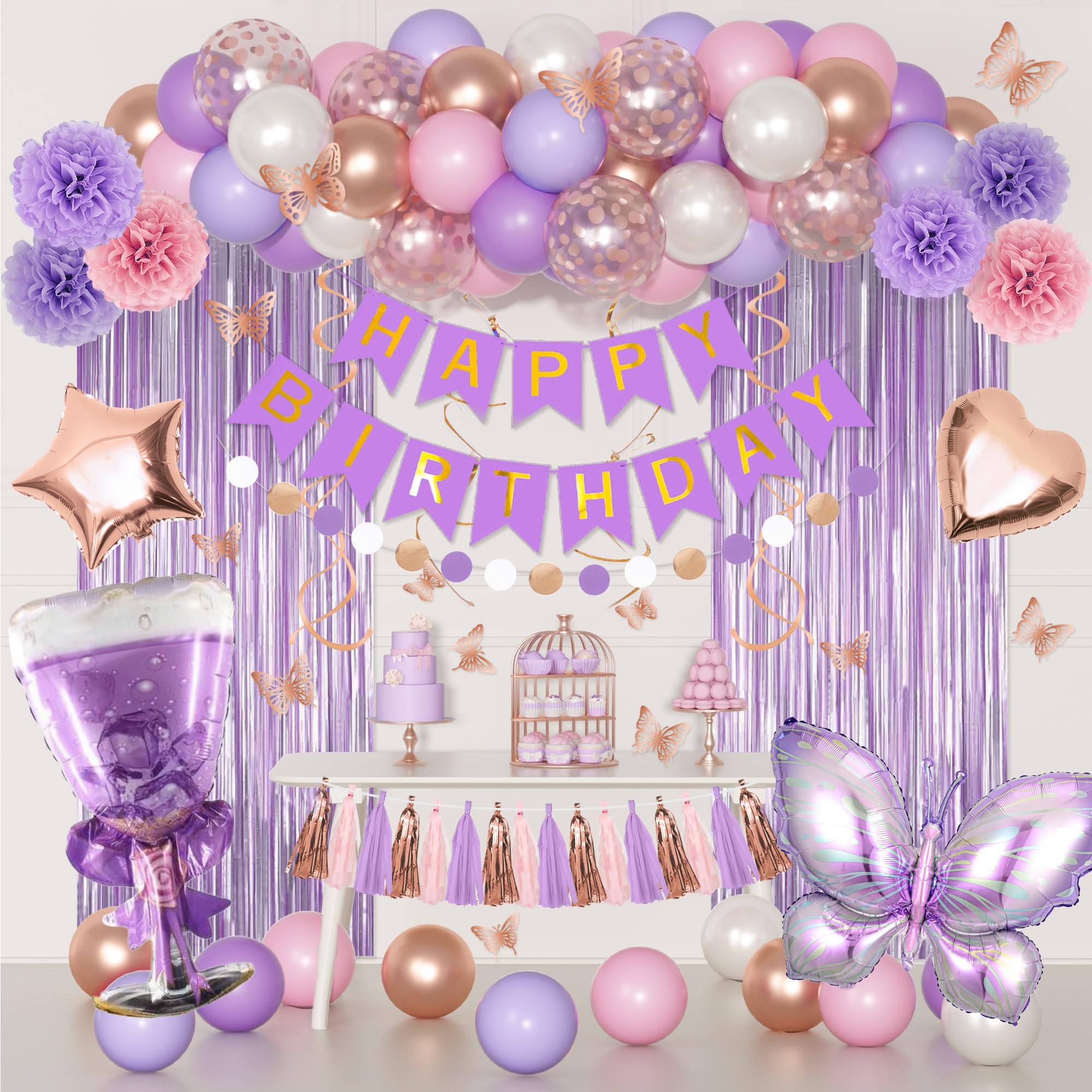 Purple Pink Birthday Party Decorations for Women Girls, Butterfly Confetti Rose Gold Lavender Balloons Happy Birthday Banner Fringe Curtains Hanging Swirls Circle Dots Tassels Pom 30th 40th 50th Her