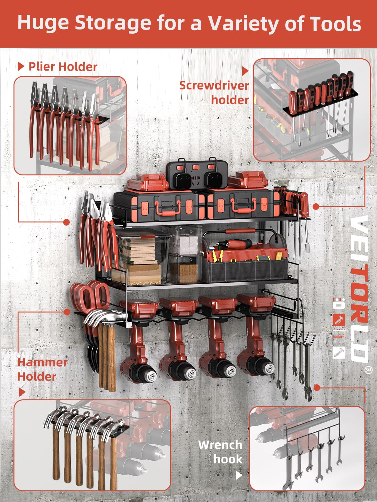 Gifts for Men Dad Husband Him, Power Tool Organizer Wall Mount, 4 Drill Modular Tool Storage Shelf with Hooks, Drill Holder for Garage Organization, Cool Anniversary Birthday Gifts for Men Women