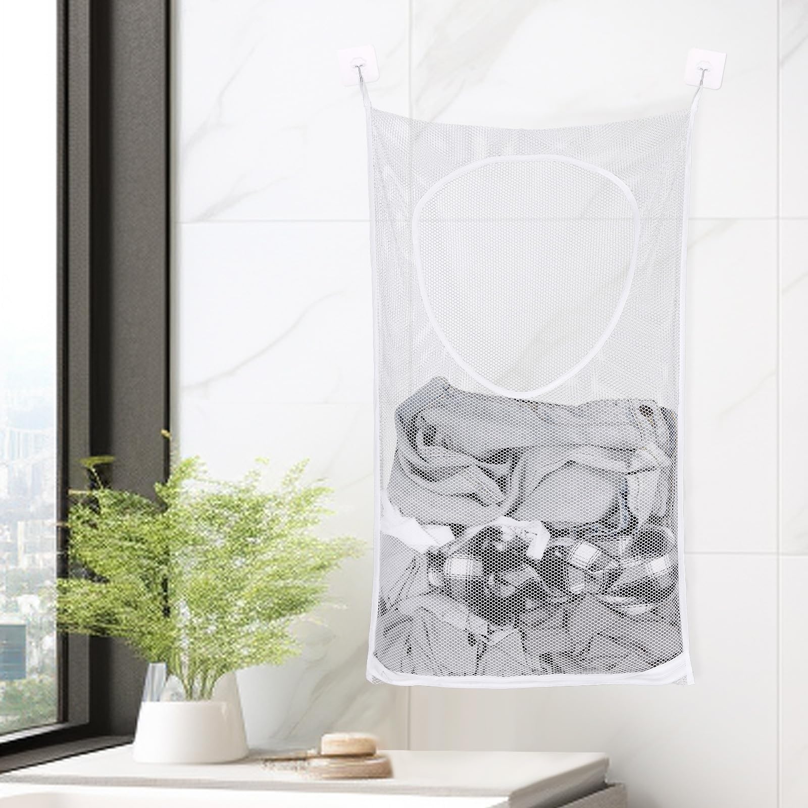 Hanging Mesh Hamper, 29.3 * 19 Inches Portable Foldable Hanging Laundry Hamper with 2 Hooks Large Mesh Laundry Basket over Door for Storage Dirty Clothes on Closet, Bathroom, Bedroom