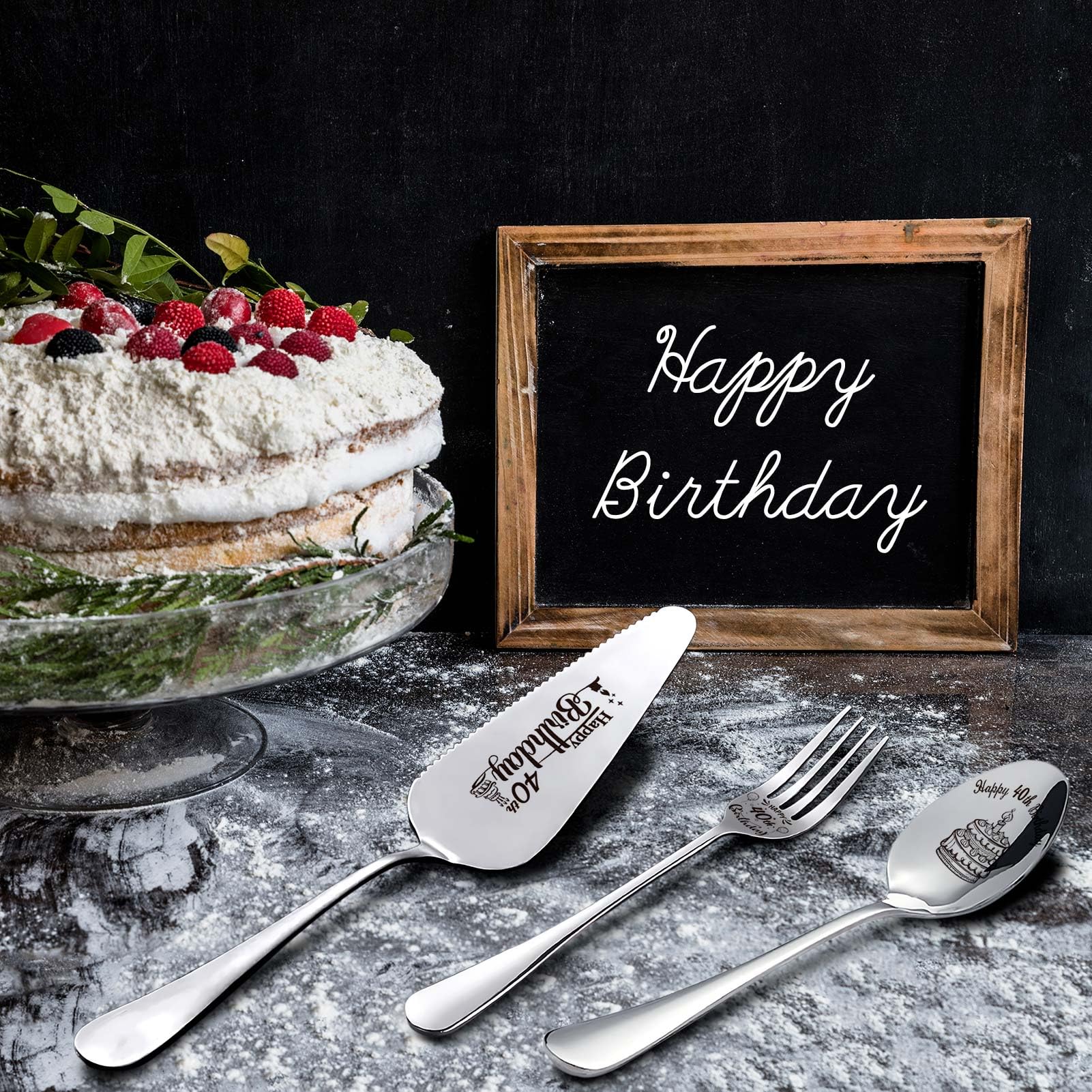 Happy 40th Birthday Personalized Laser-Engraved Stainless Steel Birthday Party Utensil Set - Cake Server, Spoon, and Fork for Mother Father Husband Wife Boyfriend Girlfriend