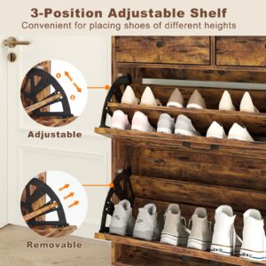 Shoe Cabinet Storage for Entryway, Narrow Shoe Organizer Cabinet with 2 Flip Drawers & 2 Fabric Drawers, Farmhouse Freestanding Big Shoe Storage Cabinet with Robust Legs, Rustic Brown