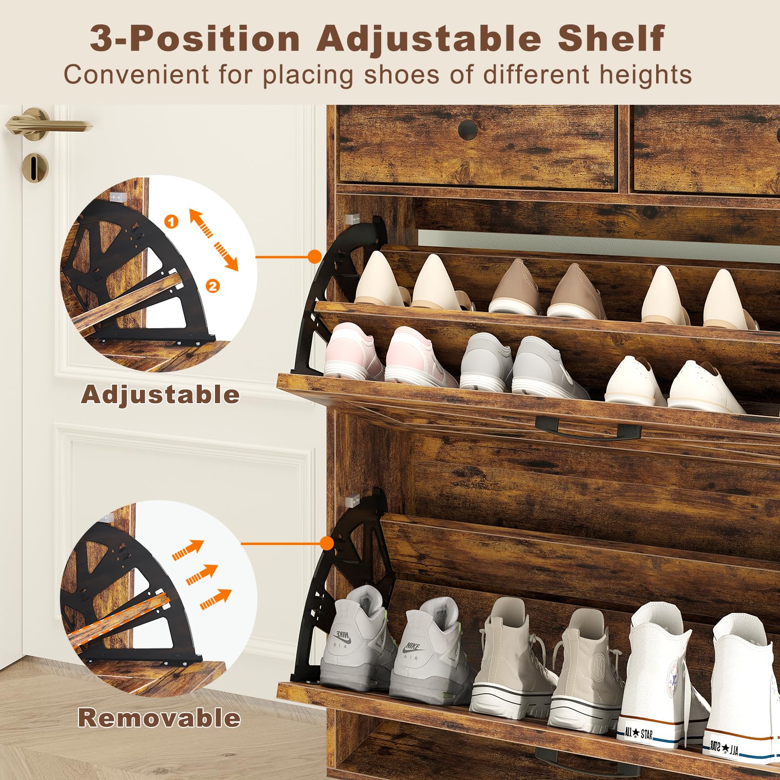 Shoe Cabinet Storage for Entryway, Narrow Shoe Organizer Cabinet with 2 Flip Drawers & 2 Fabric Drawers, Farmhouse Freestanding Big Shoe Storage Cabinet with Robust Legs, Rustic Brown