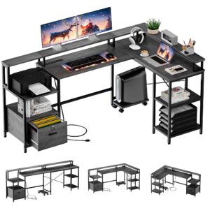 idealhouse l shaped desk - 76" reversible l shaped computer desk with file drawer, office desk with power outlet, l shaped gaming desk with monitor shelf, corner desk for home office, grey oak