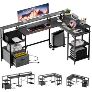 IDEALHOUSE L Shaped Desk - 76" Reversible L Shaped Computer Desk with File Drawer, Office Desk with Power Outlet, L Shaped Gaming Desk with Monitor Shelf, Corner Desk for Home Office, Grey Oak