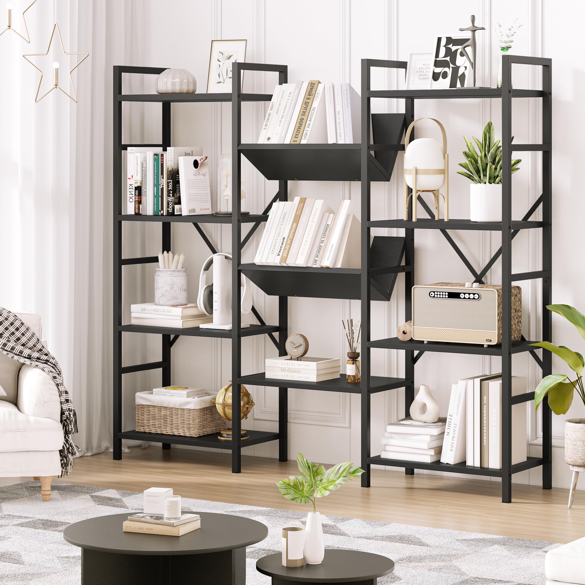 IDEALHOUSE 4 Tier Bookshelf, Industrial Bookcase and Short Bookshelf with Storage, Open Large Metal Frame Display Shelves for Living Room, Bedroom, Home Office-Black