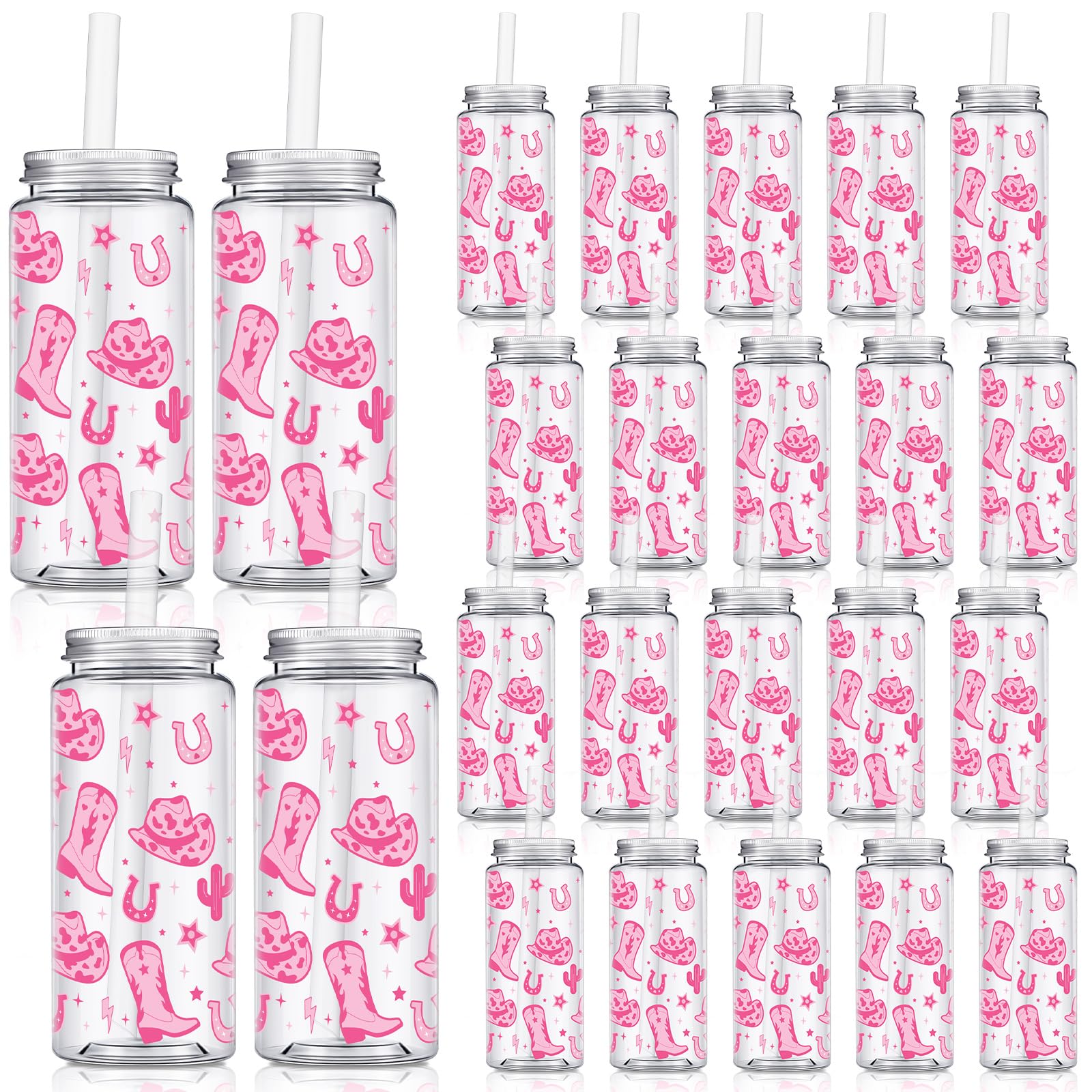 Qinyoung 24 Pcs Western Cowgirl Cowboy lPlastic Tumbler 14.2 oz Reusable Cups with Lids and Straws Beer Can Iced Coffee Cup for Preppy Party Decoration Women Cowgirl Gift(Pink)