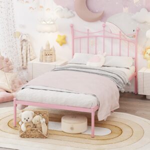 weehom twin bed frames with headboard, elegant princess bed for girls heavy duty metal platform bed easy assembly under bed storage space twin bed for kids adults, pink