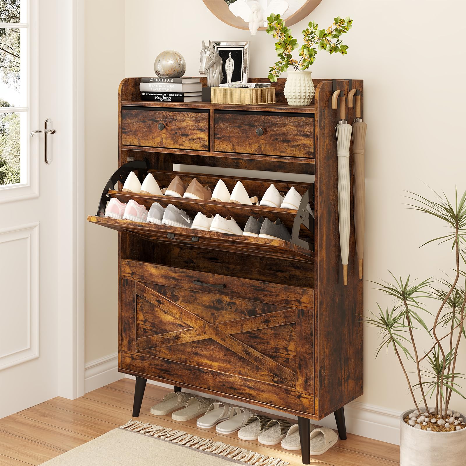 Shoe Cabinet Storage for Entryway, Narrow Shoe Organizer Cabinet with 2 Flip Drawers & 2 Fabric Drawers, Farmhouse Freestanding Big Shoe Storage Cabinet with Robust Legs, Rustic Brown