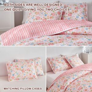 Joyreap 3 Pieces Cotton Quilt Set for Girls, Full/Queen Size Floral Pink Flowers Design, Cozy Lightweight Quilt Bedspread Bed Cover for All Season, 1 Quilt and 2 Pillow Shams- 90x90 inches