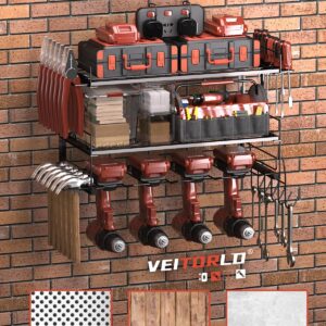 Gifts for Men Dad Husband Him, Power Tool Organizer Wall Mount, 4 Drill Modular Tool Storage Shelf with Hooks, Drill Holder for Garage Organization, Cool Anniversary Birthday Gifts for Men Women