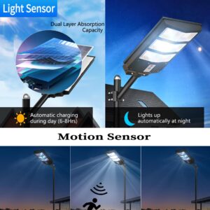 Solar Street Lights Outdoor, 800W Solar Parking Lot Lights, 6500K LED Street Light Dusk to Dawn, Solar Lights Outdoor Waterproof IP66, Wide Angle Lamp with Motion Sensor, for Yard, Commercial Grade