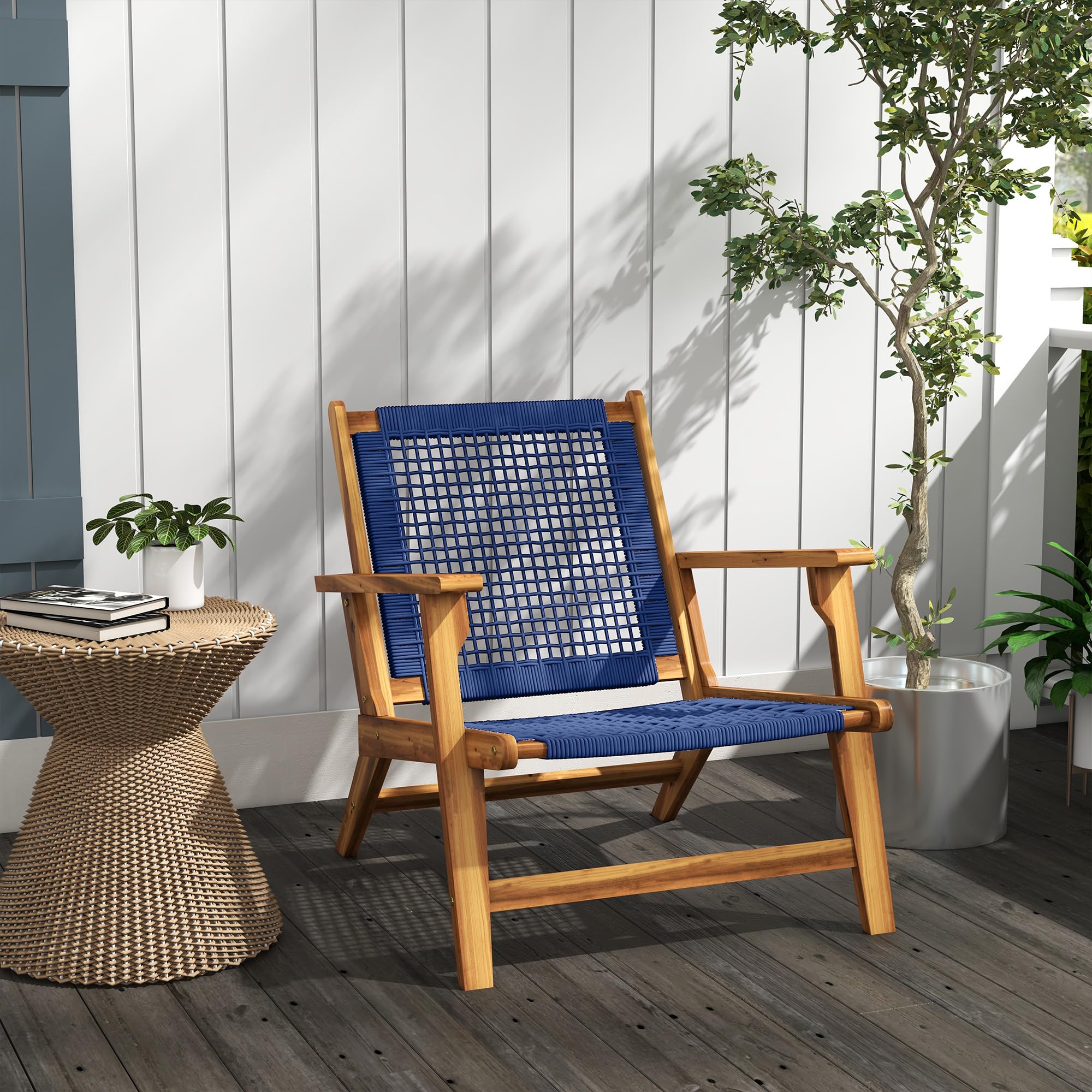 Outsunny Patio Acacia Wood Adirondack Chair, Modern Wood Fire Pit Chair with PP Rope Weave, Coconino Lounge Chair with High Backrest Support, Dark Blue