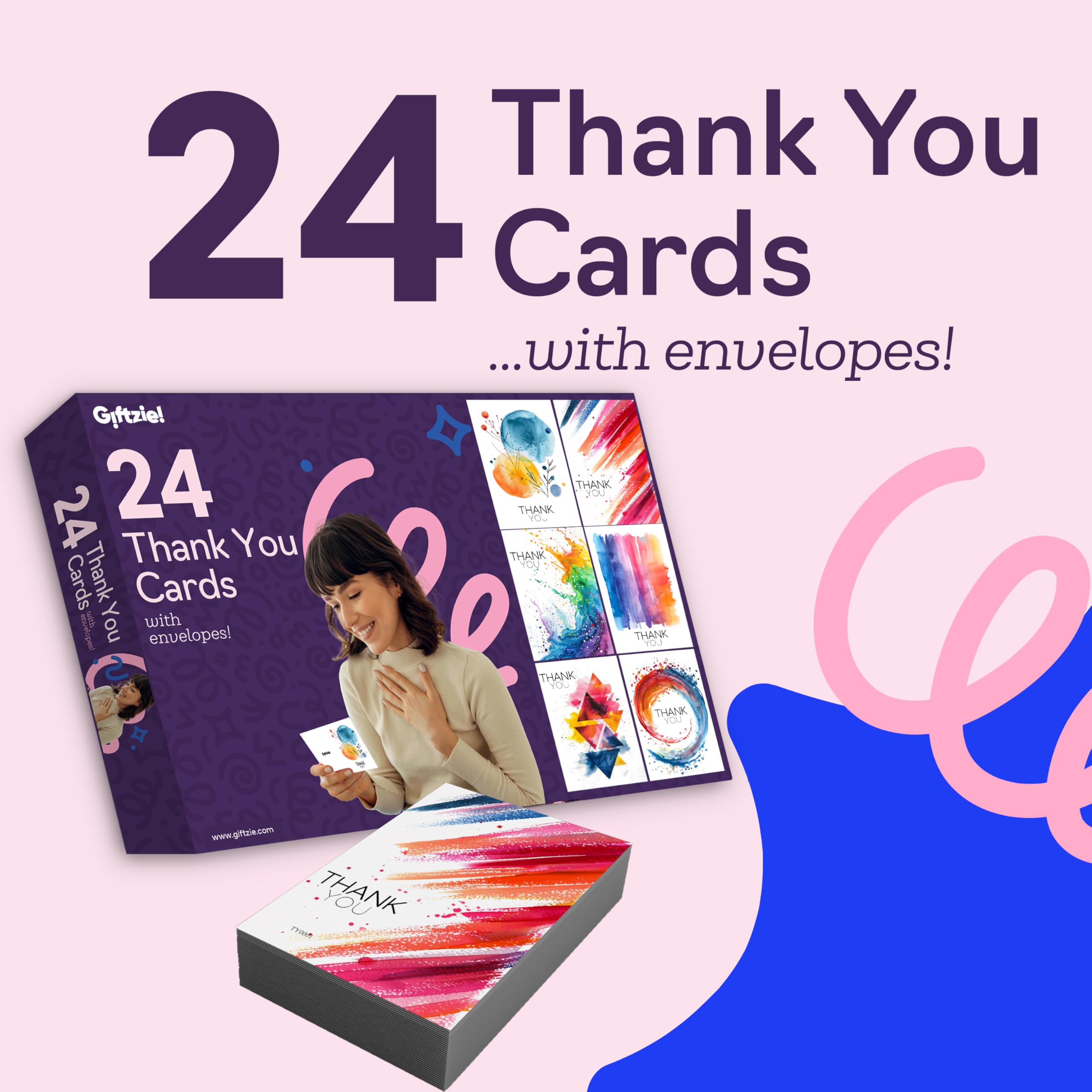 Thank You Cards Multipack - Brushstroke Abstract Style Cards - 24 Pack of Thank You Cards and Envelopes for Teacher Appreciation Kids Birthday Wedding, A6 Thanks Thankyou Greeting Cards Box