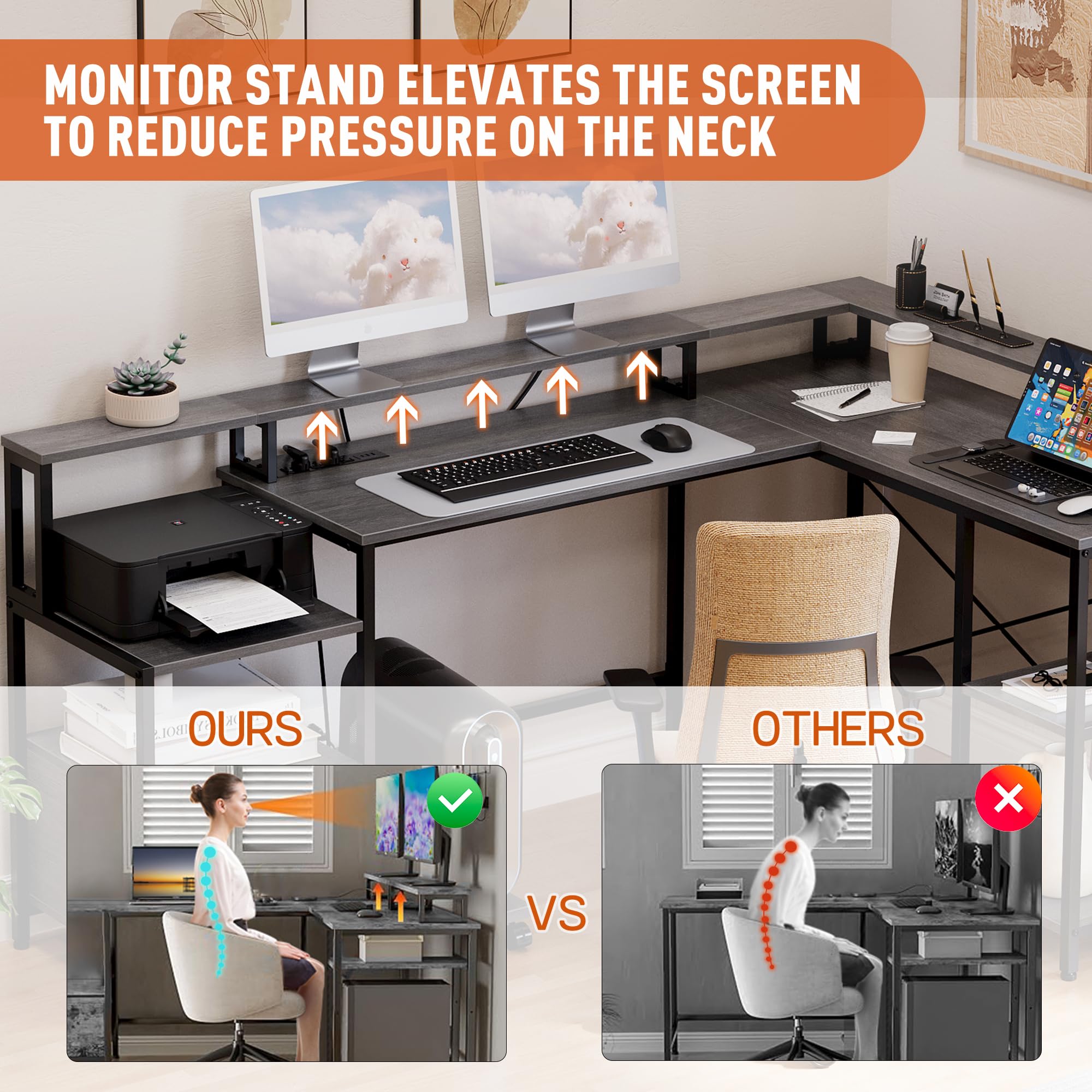 IDEALHOUSE L Shaped Desk - 76" Reversible L Shaped Computer Desk with File Drawer, Office Desk with Power Outlet, L Shaped Gaming Desk with Monitor Shelf, Corner Desk for Home Office, Grey Oak