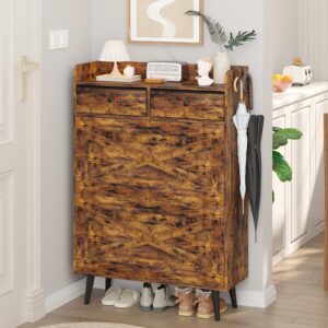 Shoe Cabinet Storage for Entryway, Narrow Shoe Organizer Cabinet with 2 Flip Drawers & 2 Fabric Drawers, Farmhouse Freestanding Big Shoe Storage Cabinet with Robust Legs, Rustic Brown