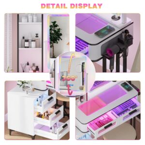 MDGC RGB Make Up Vanity with Wireless Charging Station,7 Dynamic&7 Static Dimmable Vanity Desk with Swivel Mirror and Lights,Makeup Vanity Table with Stool,5 Drawers,Glass Top,Open Shelf