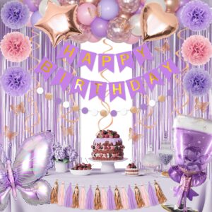 Purple Pink Birthday Party Decorations for Women Girls, Butterfly Confetti Rose Gold Lavender Balloons Happy Birthday Banner Fringe Curtains Hanging Swirls Circle Dots Tassels Pom 30th 40th 50th Her