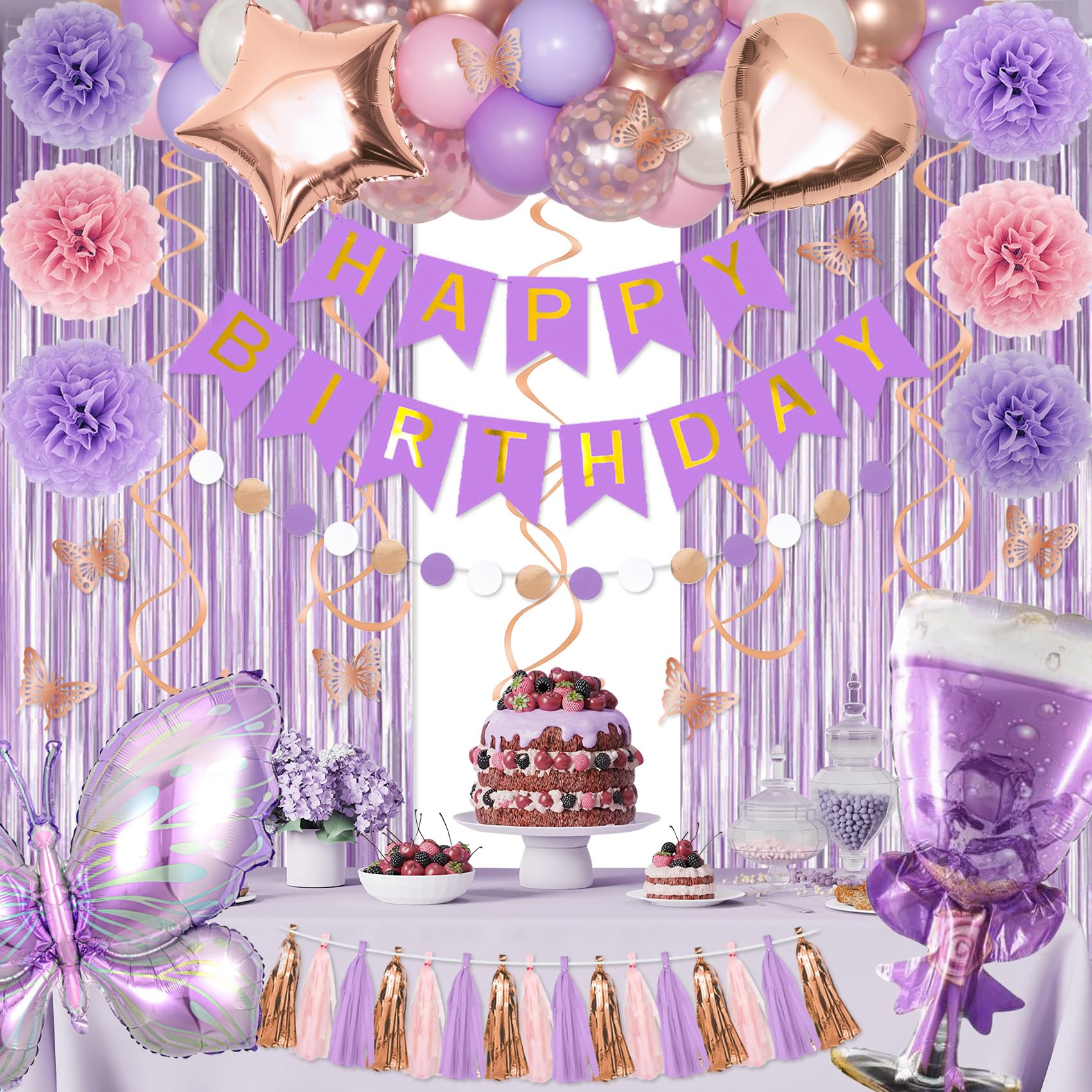 Purple Pink Birthday Party Decorations for Women Girls, Butterfly Confetti Rose Gold Lavender Balloons Happy Birthday Banner Fringe Curtains Hanging Swirls Circle Dots Tassels Pom 30th 40th 50th Her