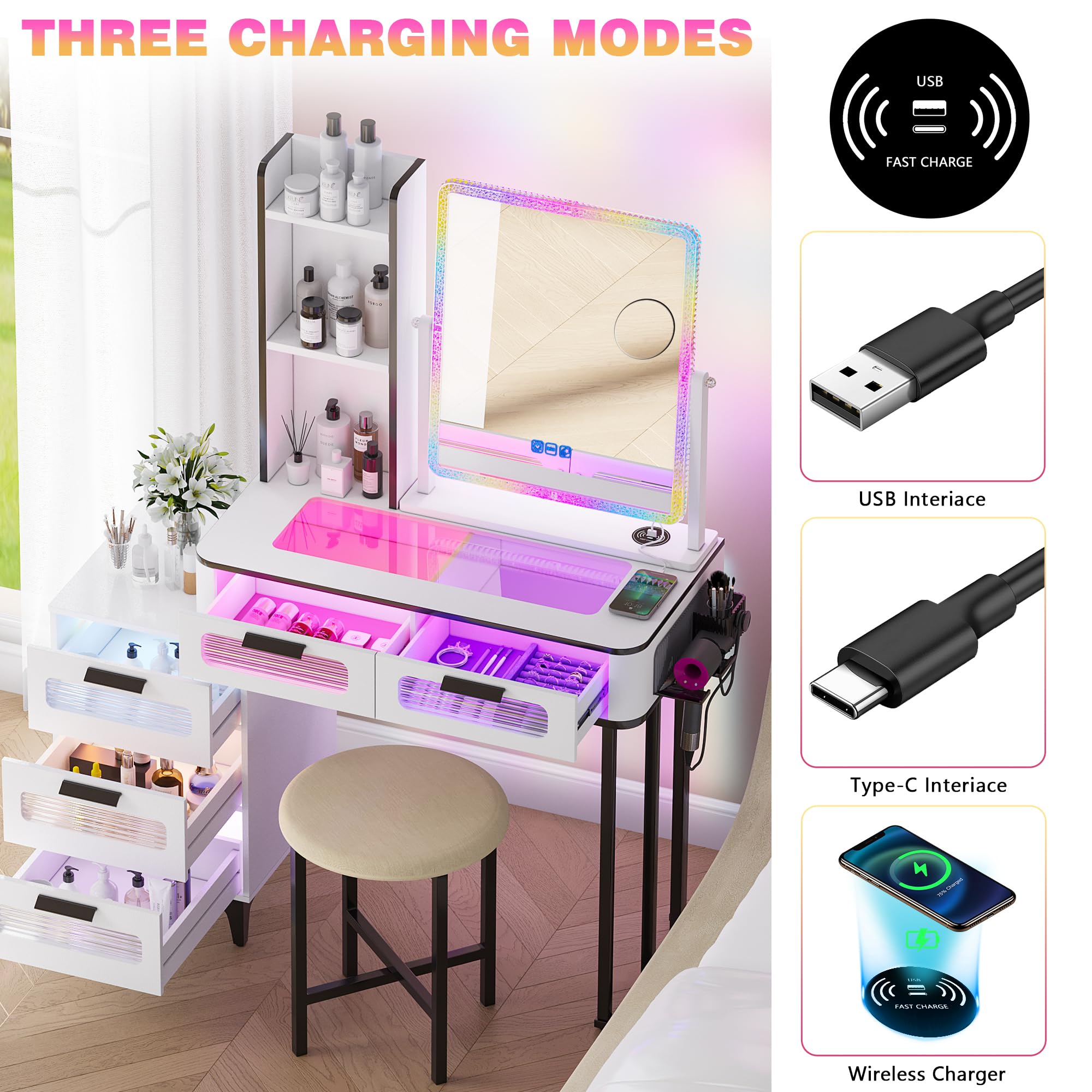 MDGC RGB Make Up Vanity with Wireless Charging Station,7 Dynamic&7 Static Dimmable Vanity Desk with Swivel Mirror and Lights,Makeup Vanity Table with Stool,5 Drawers,Glass Top,Open Shelf