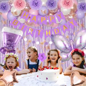 Purple Pink Birthday Party Decorations for Women Girls, Butterfly Confetti Rose Gold Lavender Balloons Happy Birthday Banner Fringe Curtains Hanging Swirls Circle Dots Tassels Pom 30th 40th 50th Her