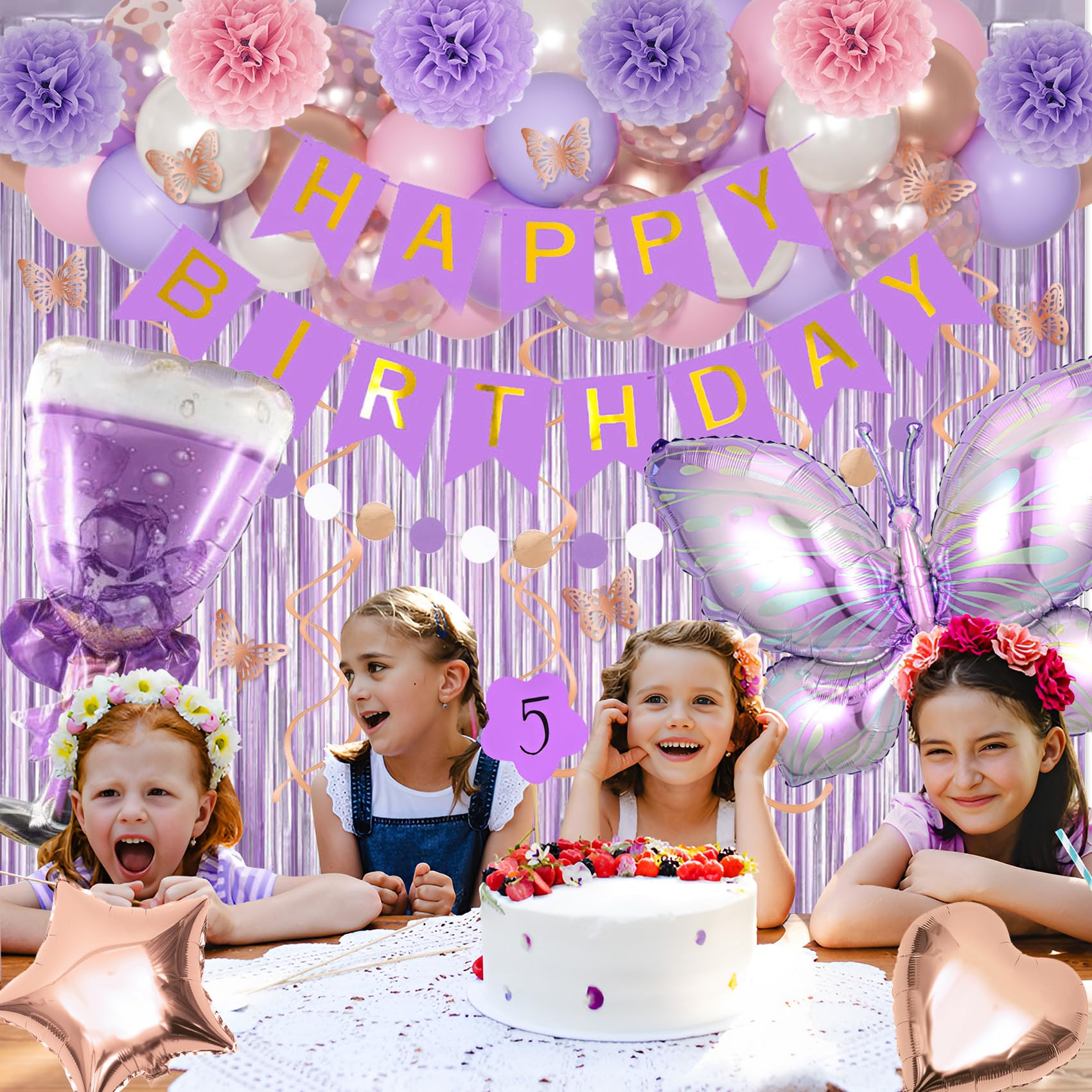 Purple Pink Birthday Party Decorations for Women Girls, Butterfly Confetti Rose Gold Lavender Balloons Happy Birthday Banner Fringe Curtains Hanging Swirls Circle Dots Tassels Pom 30th 40th 50th Her