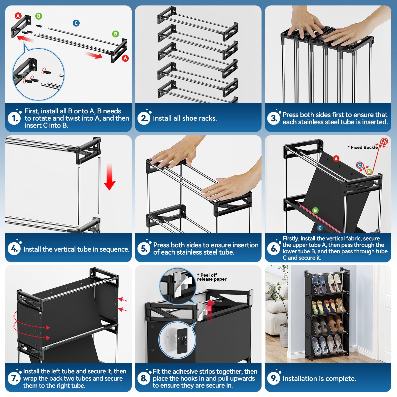 DEYILIAN Space Saving 5 Tier Shoe Rack,Sturdy Stainless Steel with Non Woven Fabric Plastic Connectors Holds up to 10 Pairs Men's Shoes for Entryway Narrow Spaces Behind Doors and Closet