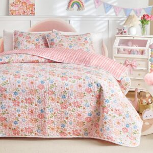 Joyreap 3 Pieces Cotton Quilt Set for Girls, Full/Queen Size Floral Pink Flowers Design, Cozy Lightweight Quilt Bedspread Bed Cover for All Season, 1 Quilt and 2 Pillow Shams- 90x90 inches