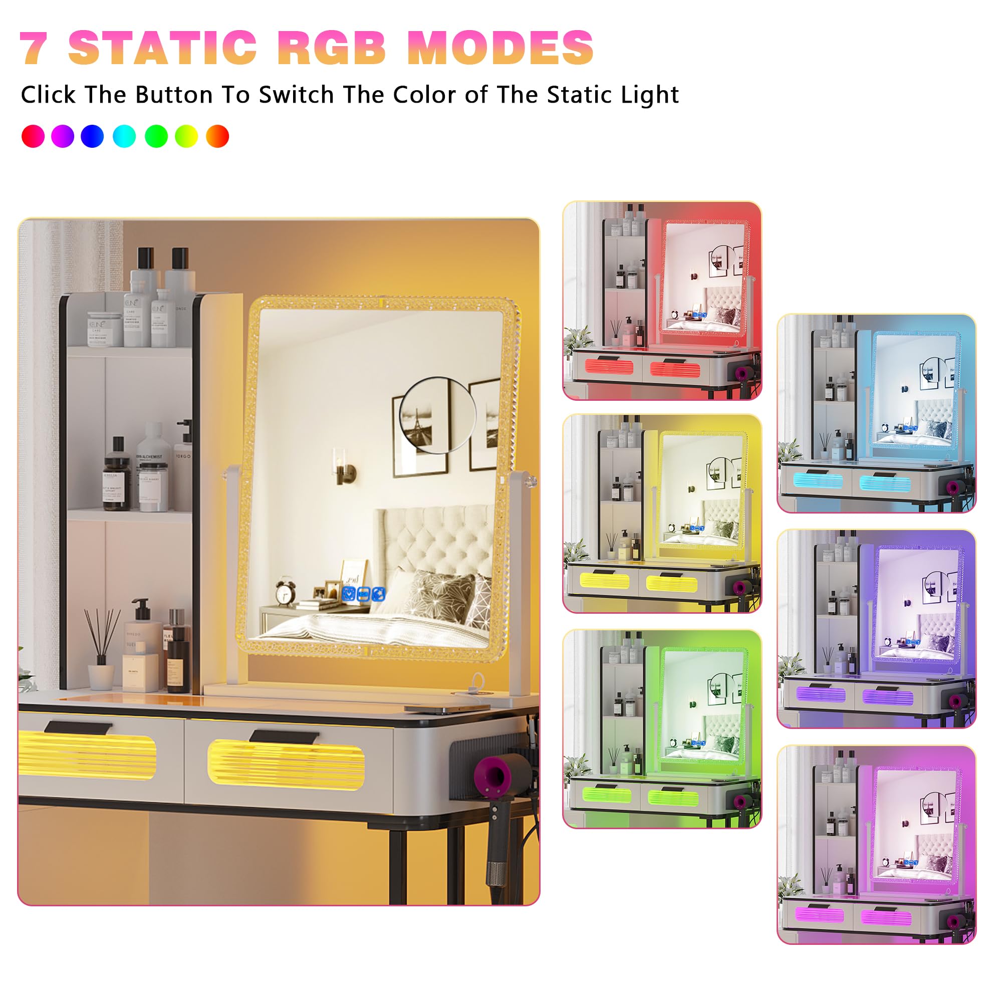 MDGC RGB Make Up Vanity with Wireless Charging Station,7 Dynamic&7 Static Dimmable Vanity Desk with Swivel Mirror and Lights,Makeup Vanity Table with Stool,5 Drawers,Glass Top,Open Shelf