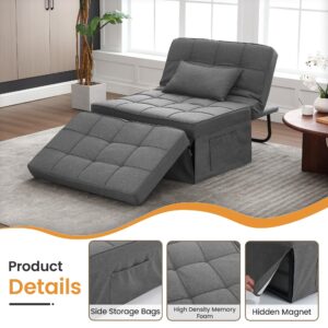 YOUDENOVA Sofa Bed, 4 in 1 Multi-Function Convertible Ottoman Chair Bed, Modern Breathable Linen Folding Couch Bed with Adjustable Backrest for Living Room Apartment Office, Light Grey