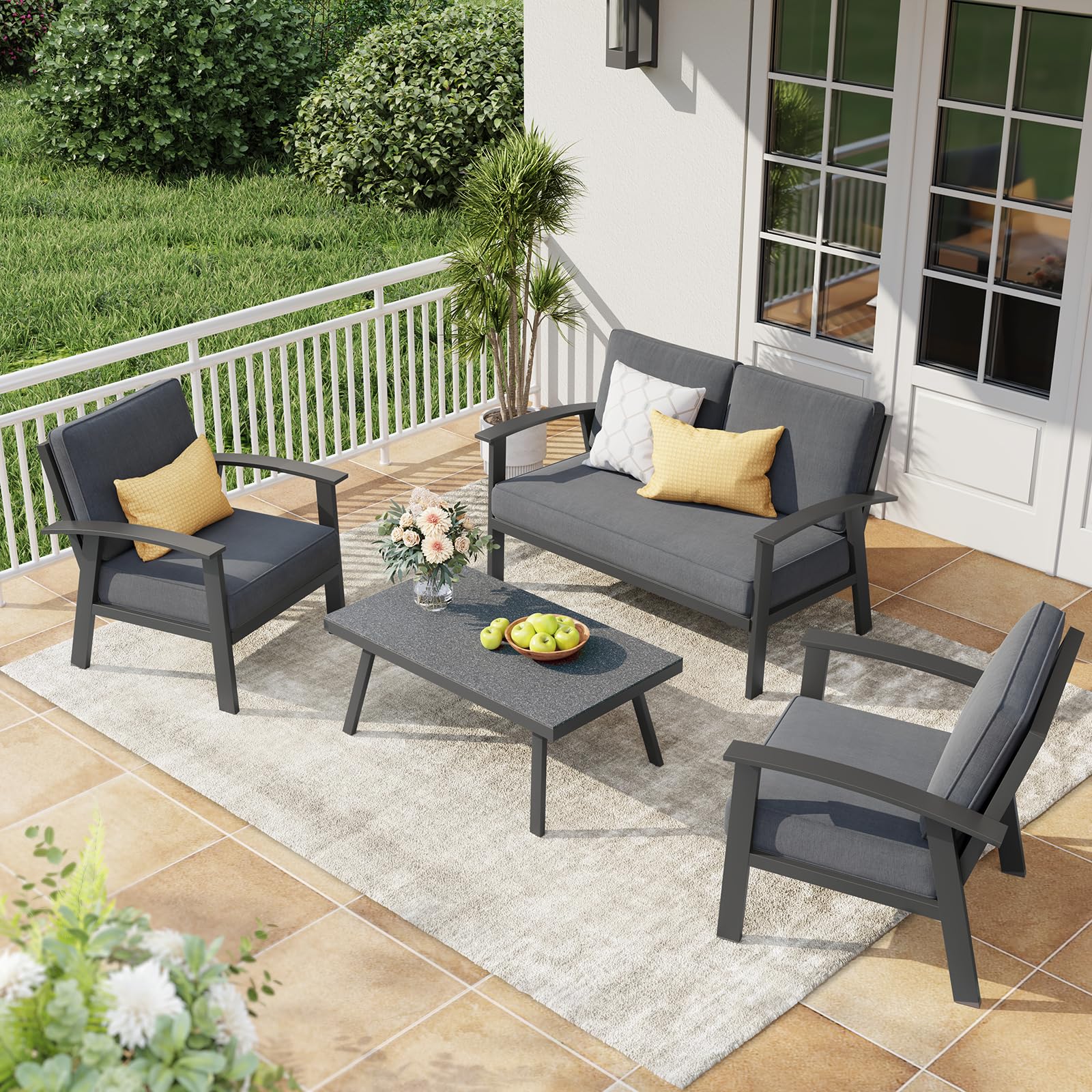 OC Orange-Casual Outdoor Aluminum Furniture Set - 4 Pieces Patio Sectional Chat Sofa Conversation Set with Coffee Table and Loveseat, Includes Thick Cushions,for Lawn Backyard, Grey