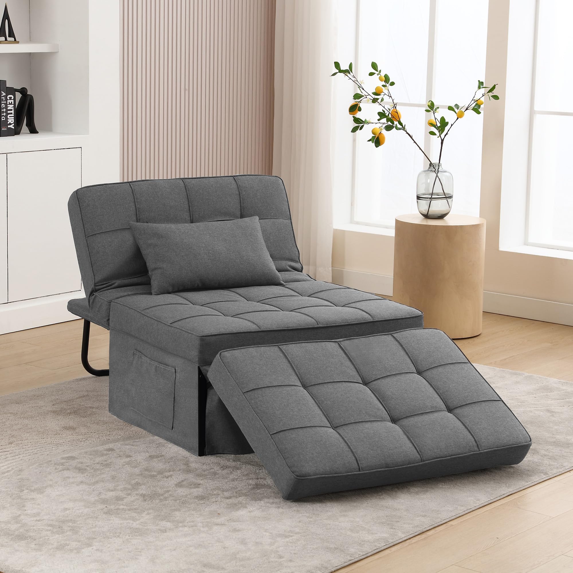 YOUDENOVA Sofa Bed, 4 in 1 Multi-Function Convertible Ottoman Chair Bed, Modern Breathable Linen Folding Couch Bed with Adjustable Backrest for Living Room Apartment Office, Light Grey