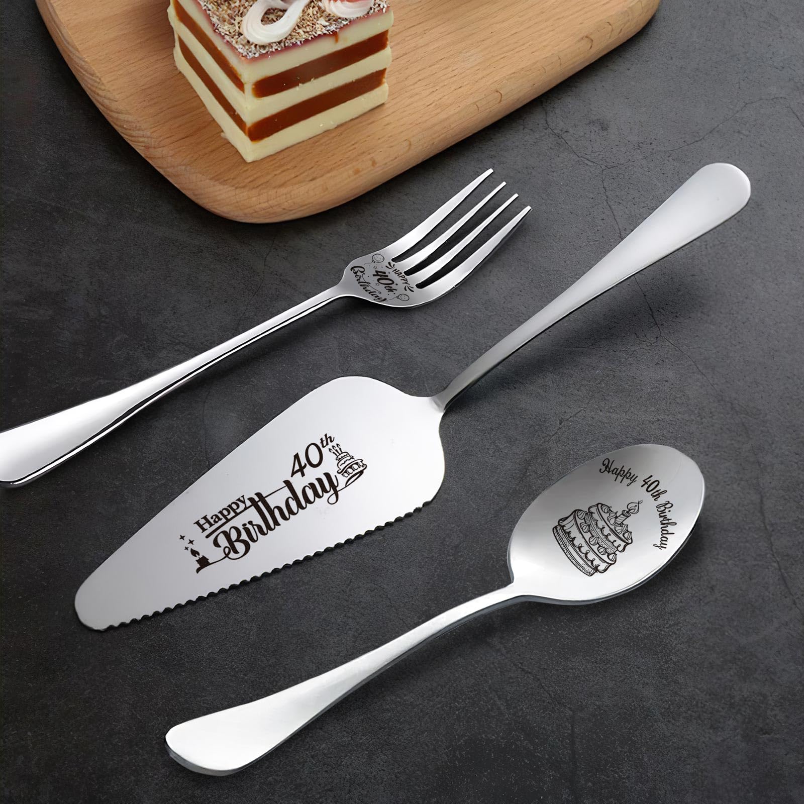 Happy 40th Birthday Personalized Laser-Engraved Stainless Steel Birthday Party Utensil Set - Cake Server, Spoon, and Fork for Mother Father Husband Wife Boyfriend Girlfriend