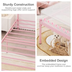 Weehom Twin Bed Frames with Headboard, Elegant Princess Bed for Girls Heavy Duty Metal Platform Bed Easy Assembly Under Bed Storage Space Twin Bed for Kids Adults, Pink