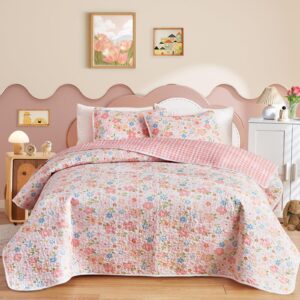 joyreap 3 pieces cotton quilt set for girls, full/queen size floral pink flowers design, cozy lightweight quilt bedspread bed cover for all season, 1 quilt and 2 pillow shams- 90x90 inches