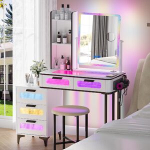 MDGC RGB Make Up Vanity with Wireless Charging Station,7 Dynamic&7 Static Dimmable Vanity Desk with Swivel Mirror and Lights,Makeup Vanity Table with Stool,5 Drawers,Glass Top,Open Shelf