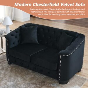 mikibama Modern Chesterfield Velvet Loveseat Sofa, 59 Inch Sectional Sofa, Luxury 2 Seater Upholstered Tufted Couch with Nailhead Arms and 2 Pillows for Living Room, Bedroom, Apartment(Black)