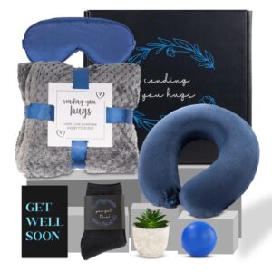 get well gifts for men,care package for men with cozy blanket|memory foam pillow|stress ball|socks|eye mask|thinking of you greeting card|little plant,get well soon gift basket for dad|husband|brother