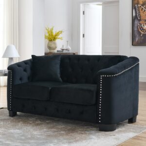 mikibama Modern Chesterfield Velvet Loveseat Sofa, 59 Inch Sectional Sofa, Luxury 2 Seater Upholstered Tufted Couch with Nailhead Arms and 2 Pillows for Living Room, Bedroom, Apartment(Black)