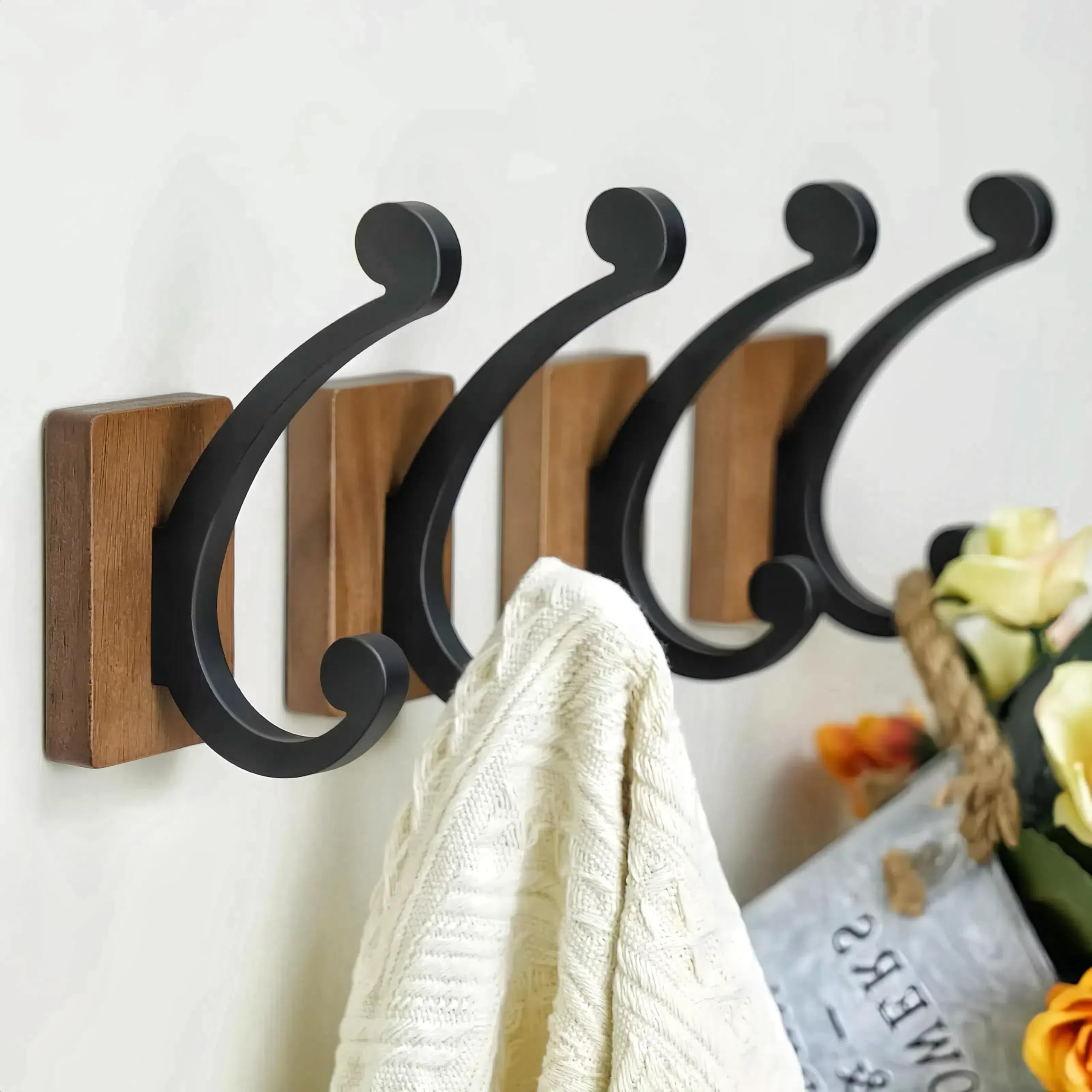 Josmimic Wall Hooks for Hanging Towel - Black Rustic Wood Coat Hook,4 Pack Hooks Wall Mounted for Towel, Coat, Cloth, Purse, Hat, Key, Decorative Bathroom Shower Kitchen