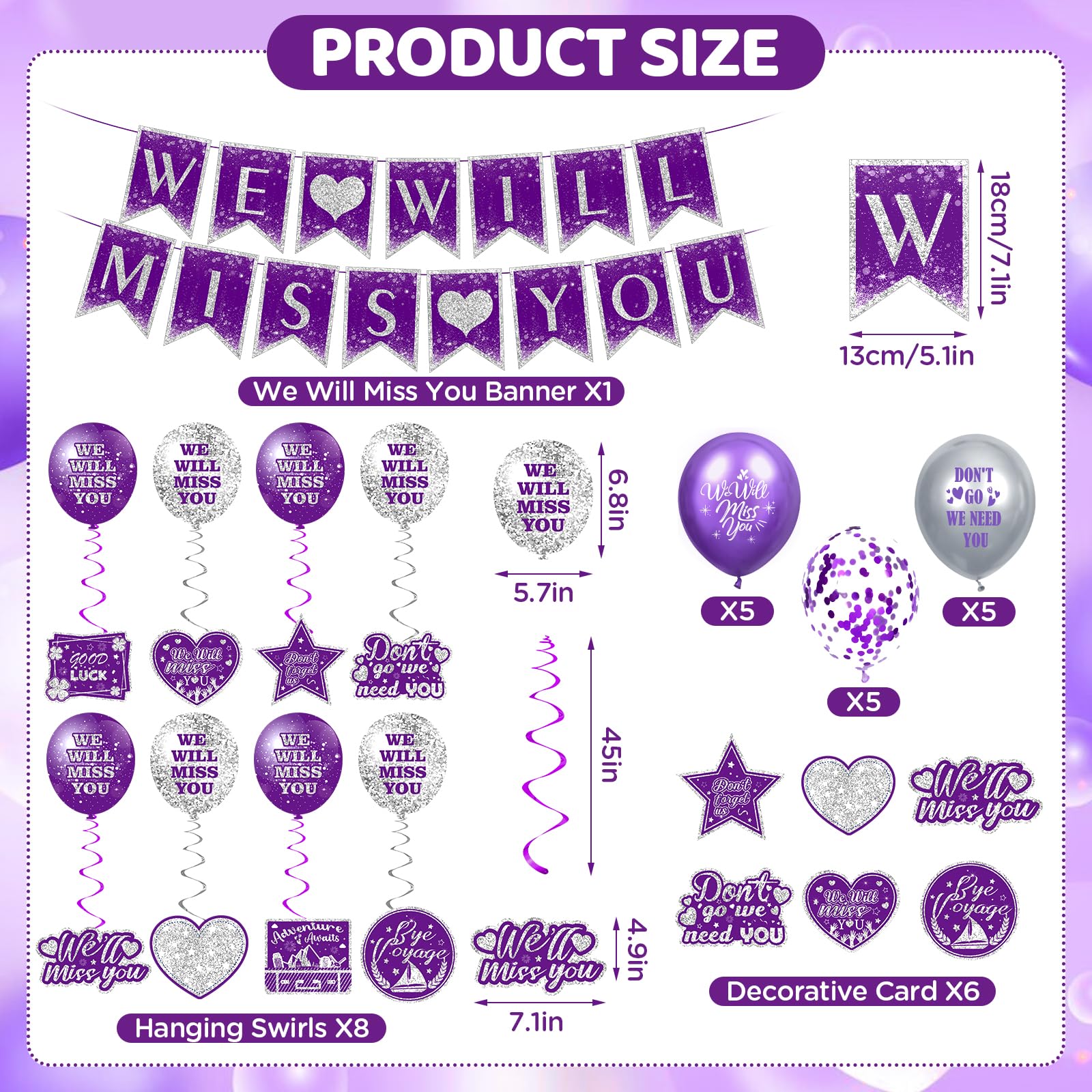 Purple Farewell Party Decorations Supplies 30Pcs Purple Silver We Will Miss You Banner Balloons Good Luck Hanging Swirls Cards for Retirement Farewell Going Away Graduation Job Change Goodbye Party