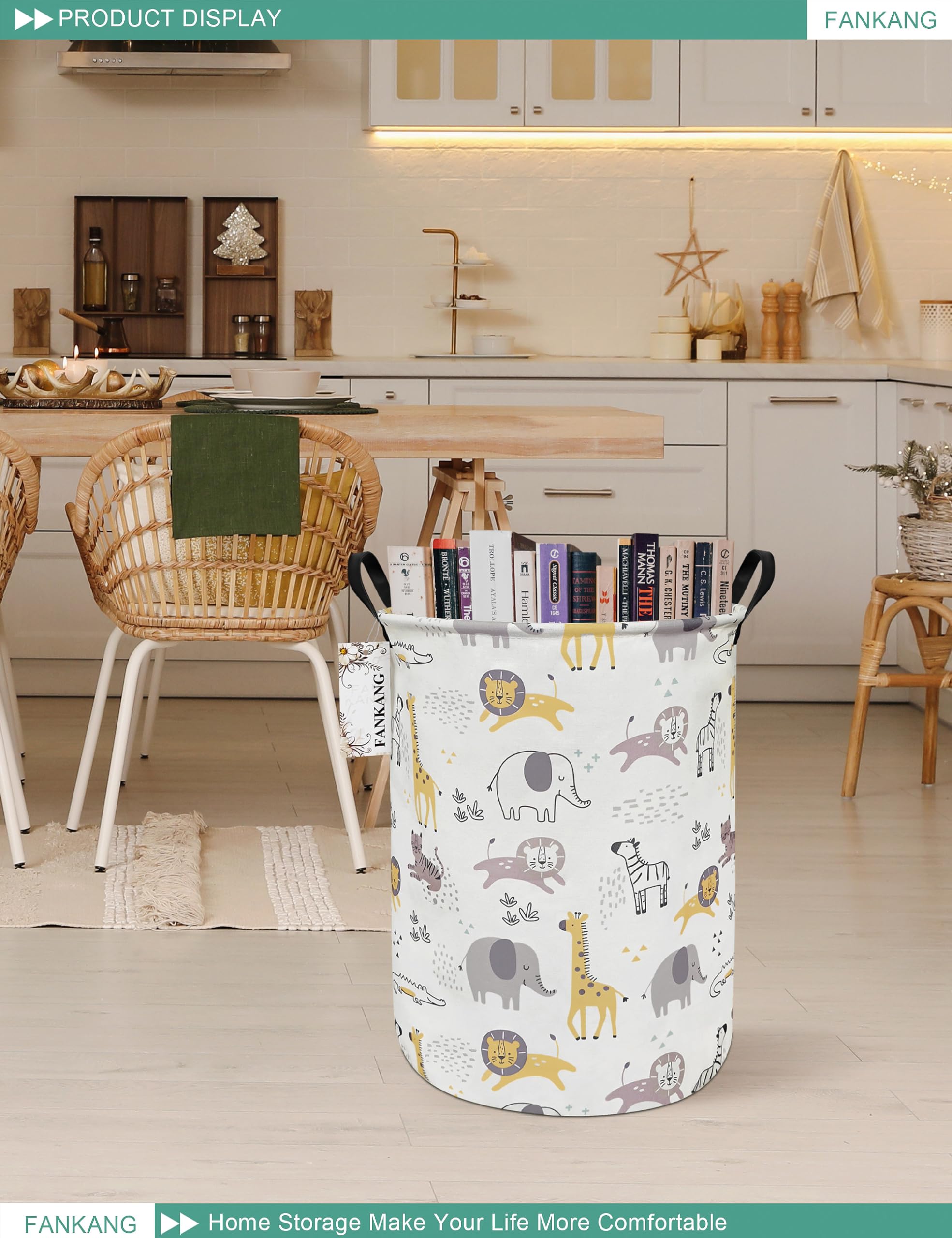 FANKANG Storage Basket, Nursery Hamper Canvas Laundry Basket Foldable with Waterproof PE Coating Large Storage Baskets for Kids Boys and Girls, Office, Bedroom, Clothes,Toys(Lovely Animals)