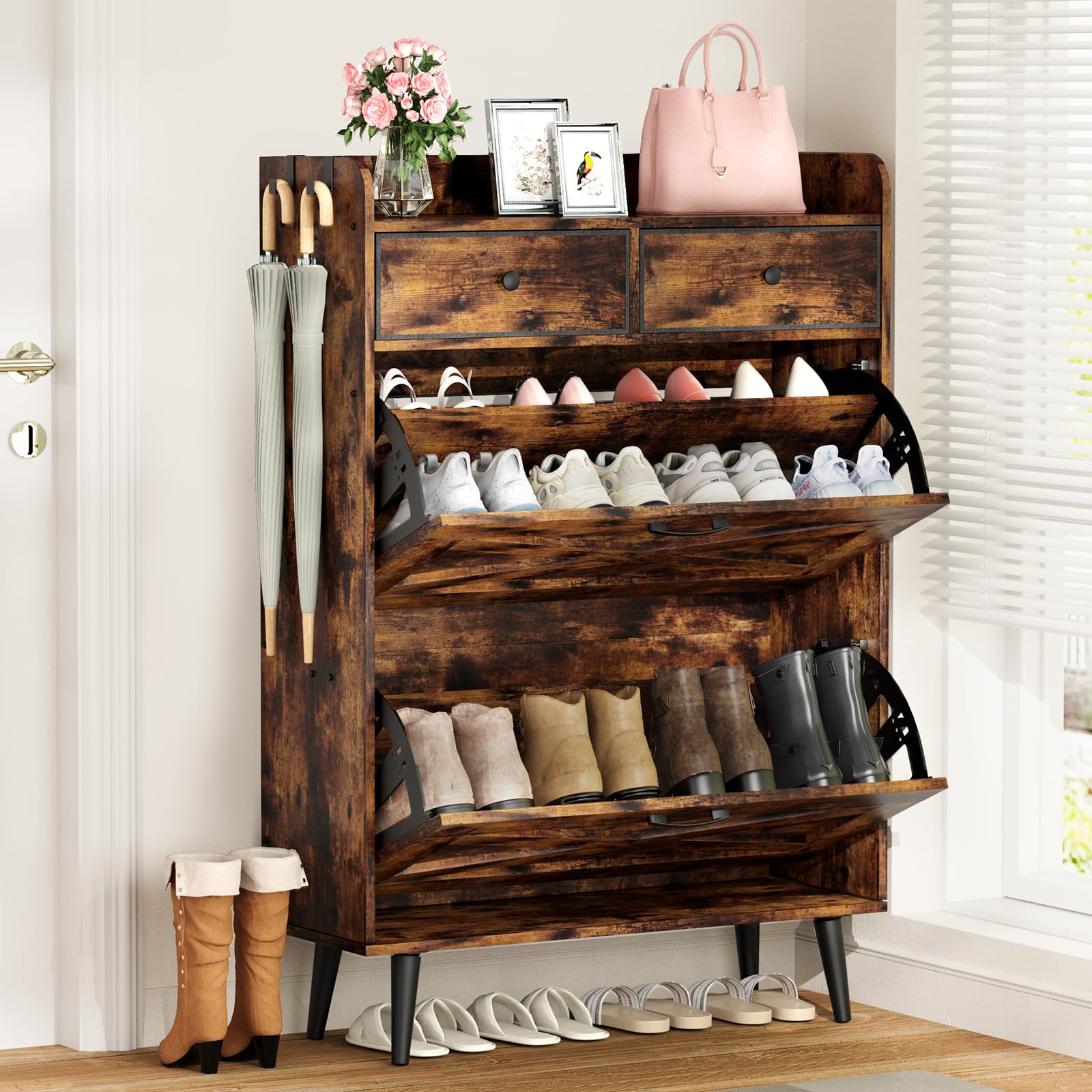 Shoe Cabinet Storage for Entryway, Narrow Shoe Organizer Cabinet with 2 Flip Drawers & 2 Fabric Drawers, Farmhouse Freestanding Big Shoe Storage Cabinet with Robust Legs, Rustic Brown