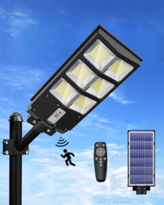 solar street lights outdoor, 800w solar parking lot lights, 6500k led street light dusk to dawn, solar lights outdoor waterproof ip66, wide angle lamp with motion sensor, for yard, commercial grade