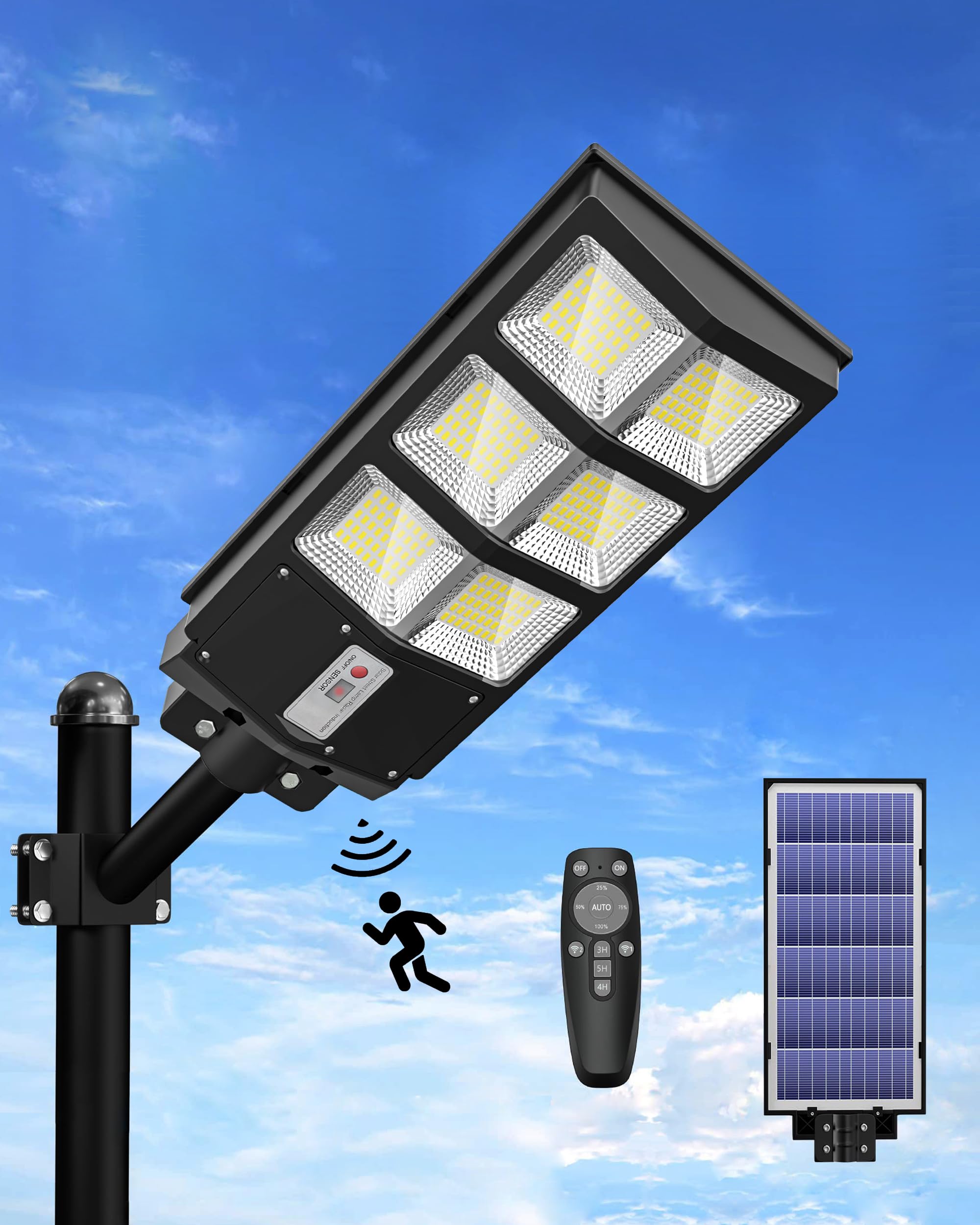 Solar Street Lights Outdoor, 800W Solar Parking Lot Lights, 6500K LED Street Light Dusk to Dawn, Solar Lights Outdoor Waterproof IP66, Wide Angle Lamp with Motion Sensor, for Yard, Commercial Grade