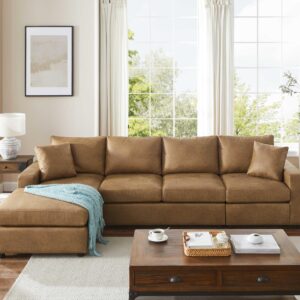 VANOMi 116'' Faux Leather Sectional Sofa, L-Shaped Five-Seat Living Room Sofa Couch, Chaise Longue on The Left, Light Brown