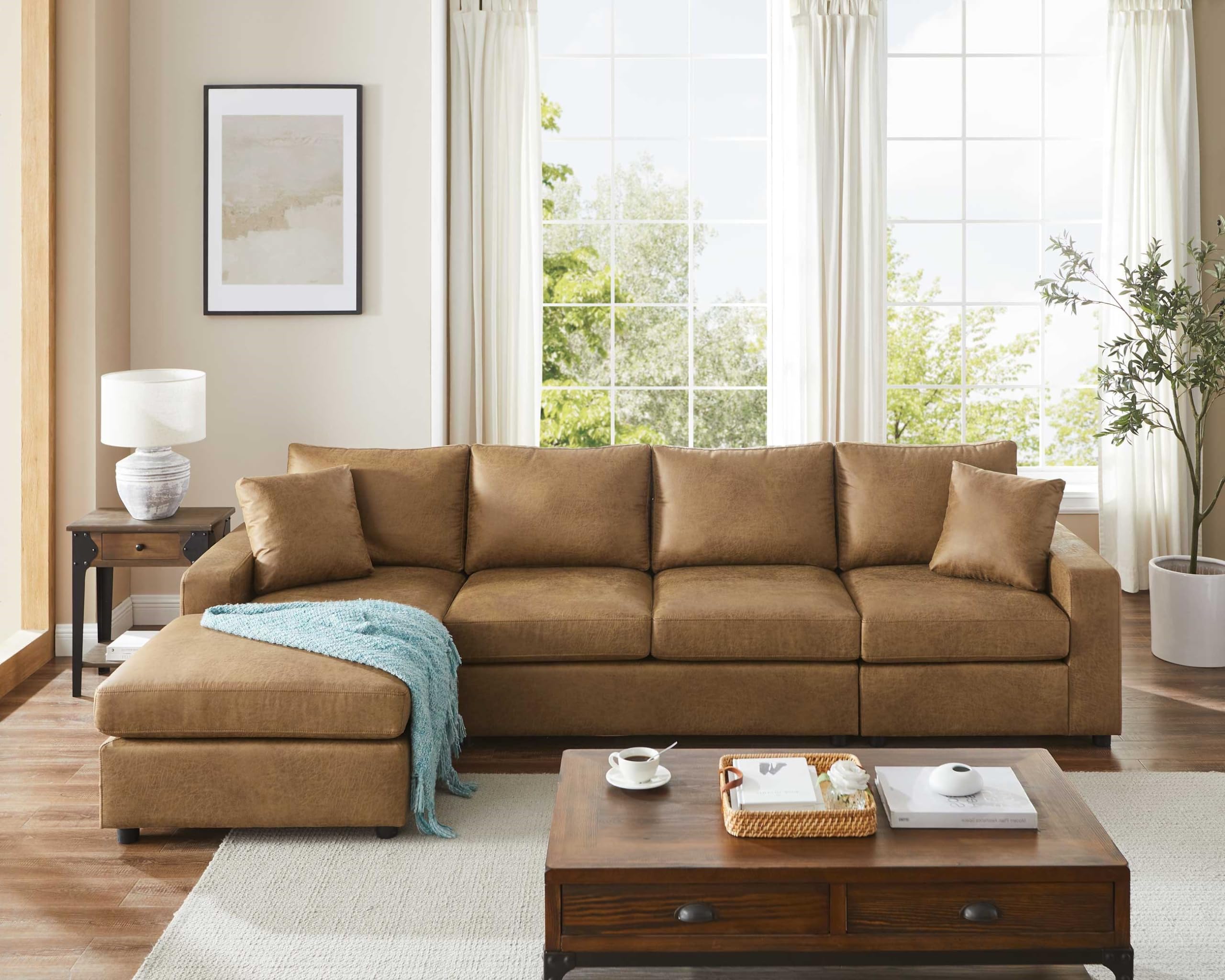 VANOMi 116'' Faux Leather Sectional Sofa, L-Shaped Five-Seat Living Room Sofa Couch, Chaise Longue on The Left, Light Brown