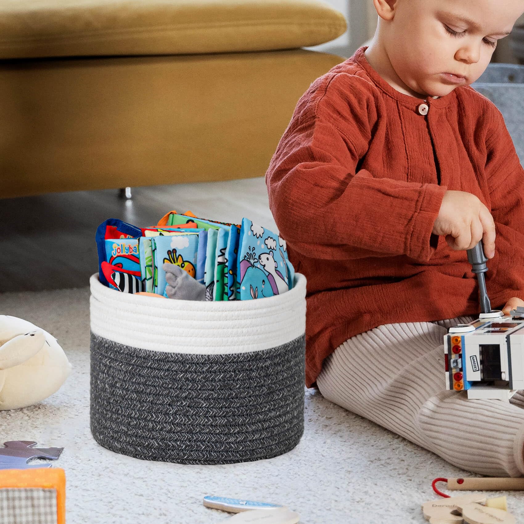 Small Baskets, Cotton Rope Woven Basket, Cute Mini Storage Baskets, Decorative Boho Basket for Nursery Living Room Bedroom, Dark Grey