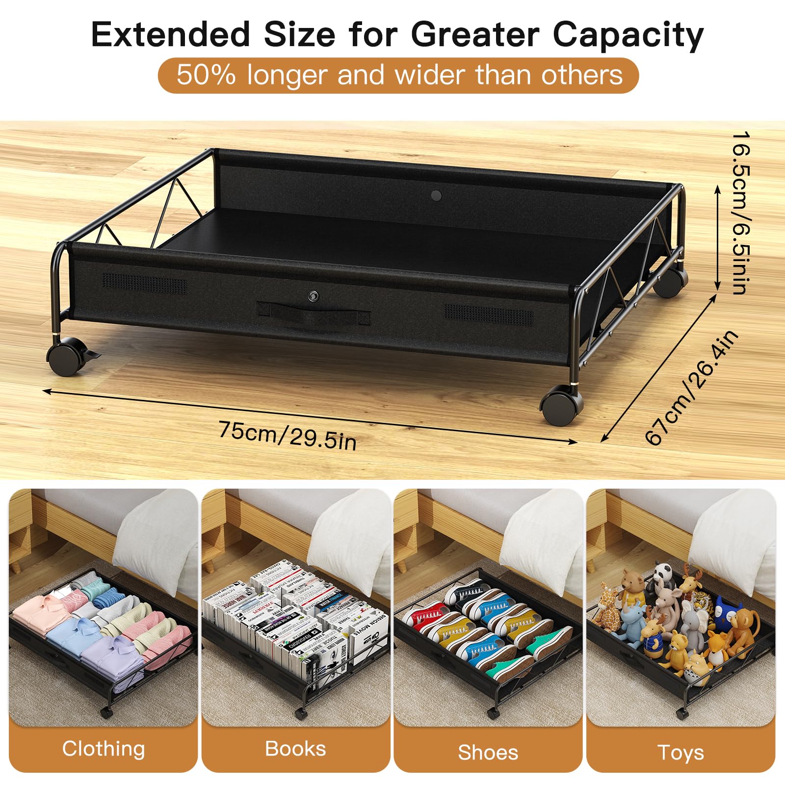 Uamector Under Bed Storage Containers with Wheels, 75L Large Underbed Storage Bins with Lids, Slide Bedroom Closet Organizer for Clothes, Shoes, Beddings, 2 PACK